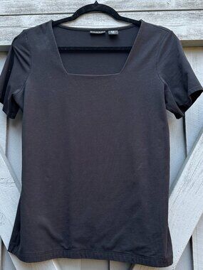 Tahari Women’s Black Square Neck Short Sleeve Stretch Top Size M Cotton Blend